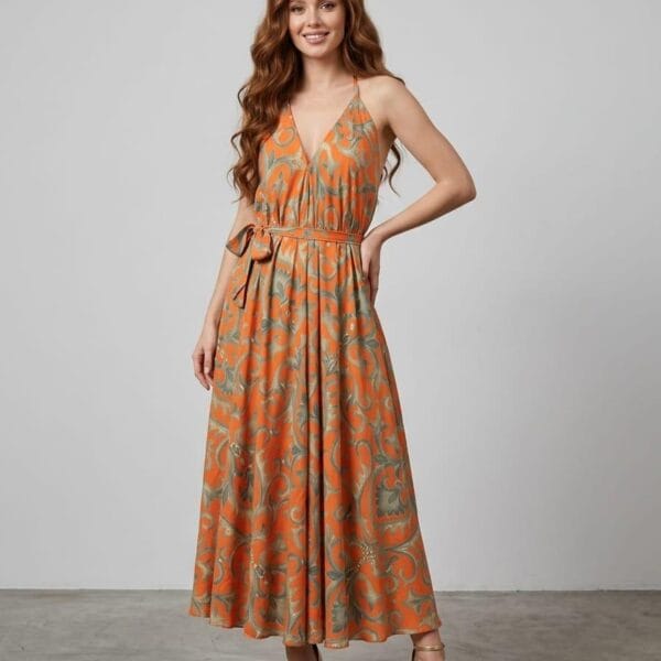 Sunset Scroll Halter Maxi Dress