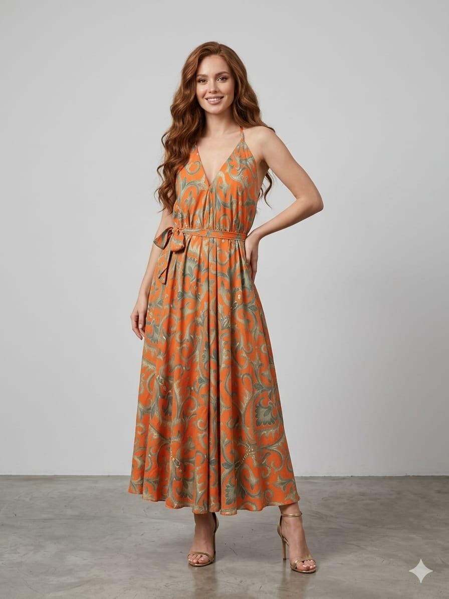 Sunset Scroll Halter Maxi Dress