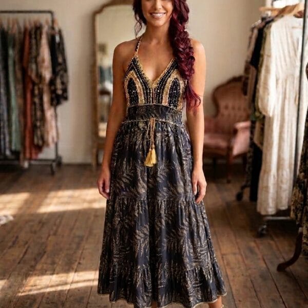 Midnight Garden Beaded Crochet Maxi Dress