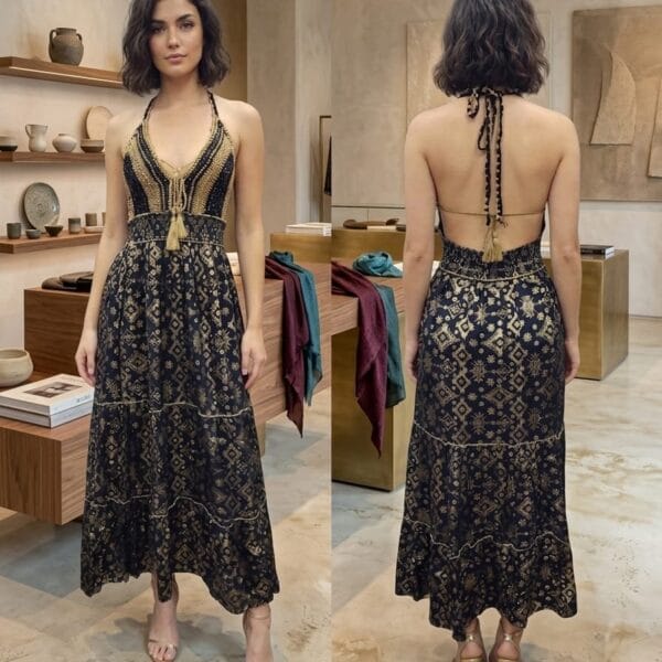 Azure Bloom Beaded Crochet Maxi Dress
