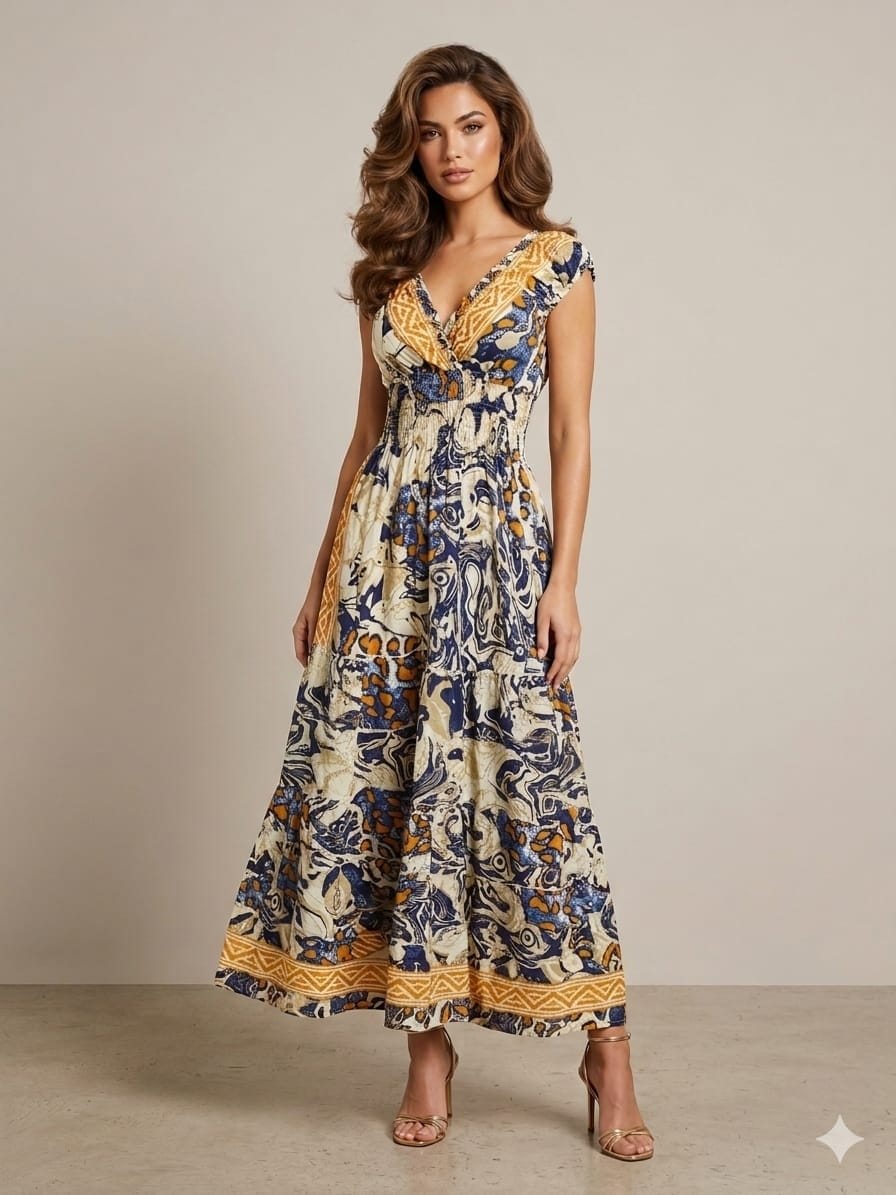 Onyx Shadow Ruffle Sleeve Maxi Dress