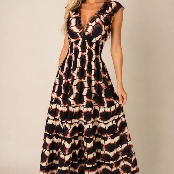 Bronze Leaf Ruffle Sleeve Maxi Dress