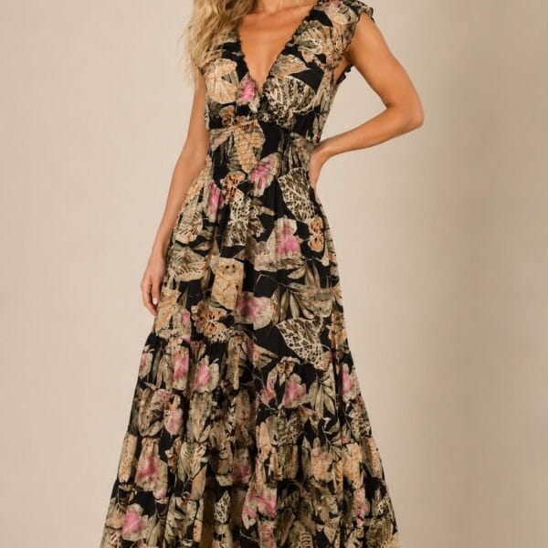 Sunset Bloom Ruffle Sleeve Maxi Dress