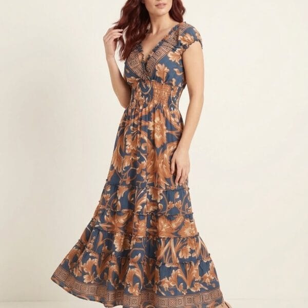 Caramel Swirl Ruffle Sleeve Maxi Dress