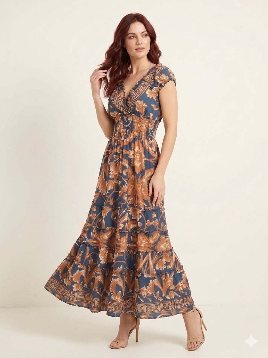 Caramel Swirl Ruffle Sleeve Maxi Dress