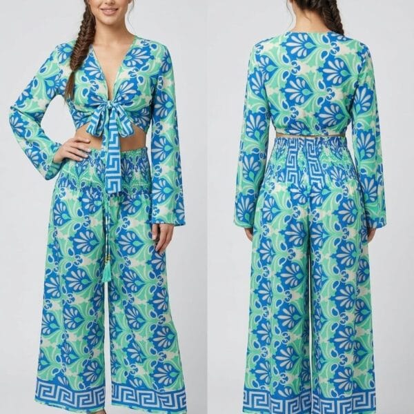 Aurora Mist Wrap Top & Wide Leg Pants Set