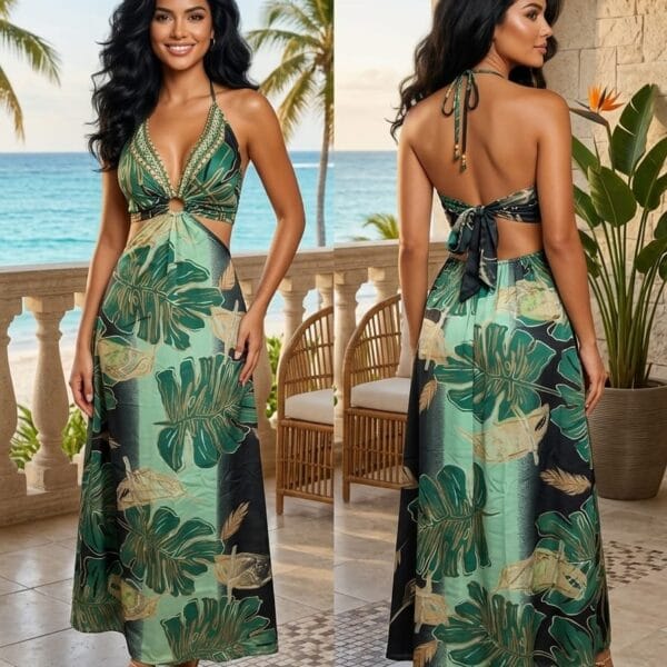 Santorini Blue Halter Cutout Maxi Dress