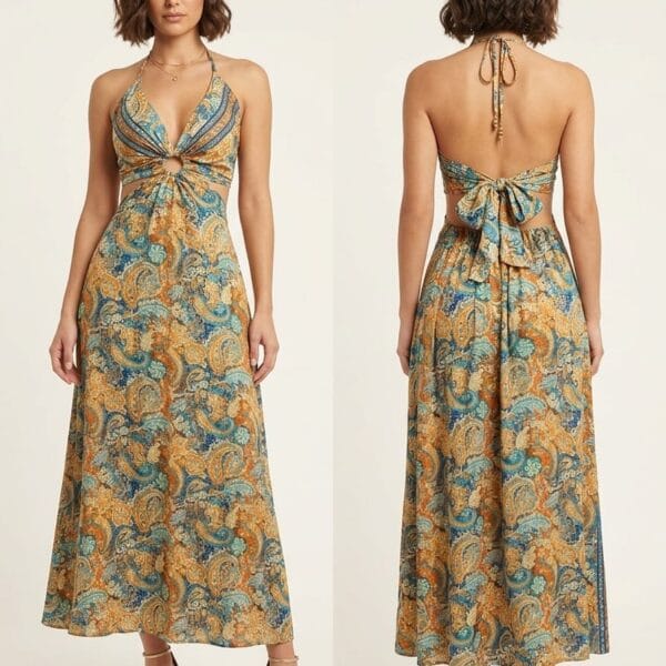 Marrakech Gold Halter Cutout Maxi Dress