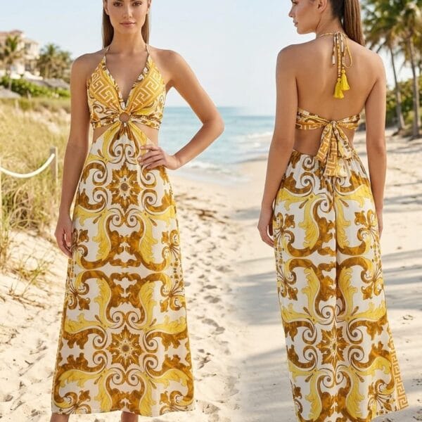 Lisbon Tile Halter Cutout Maxi Dress