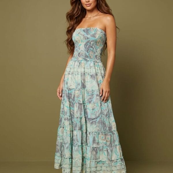 Goa Sunset Strapless Tiered Maxi Dress
