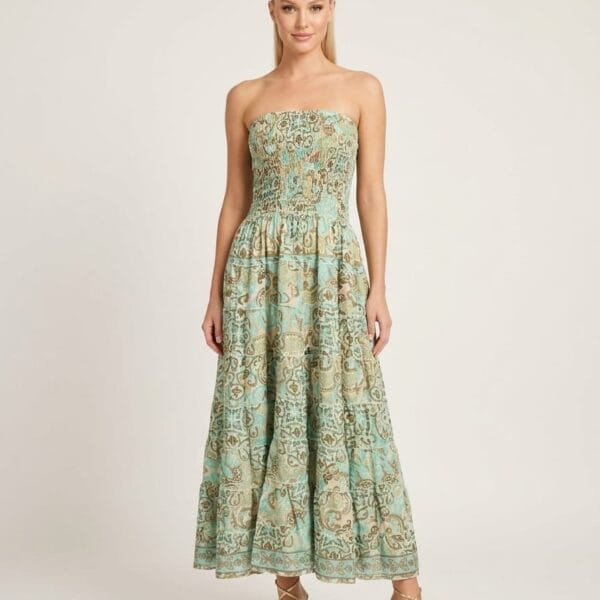 Rajasthan Gold Strapless Tiered Maxi Dress