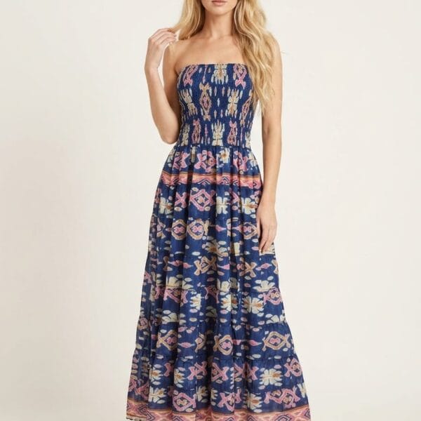 Java Batik Strapless Tiered Maxi Dress