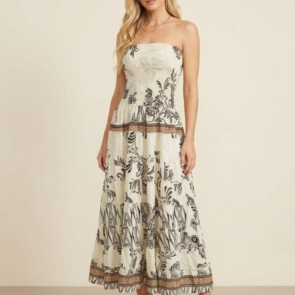 Sumatra Leaf Strapless Tiered Maxi Dress