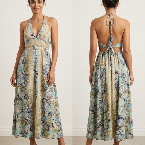 Kyoto Cherry Halter Embroidered Maxi Dress