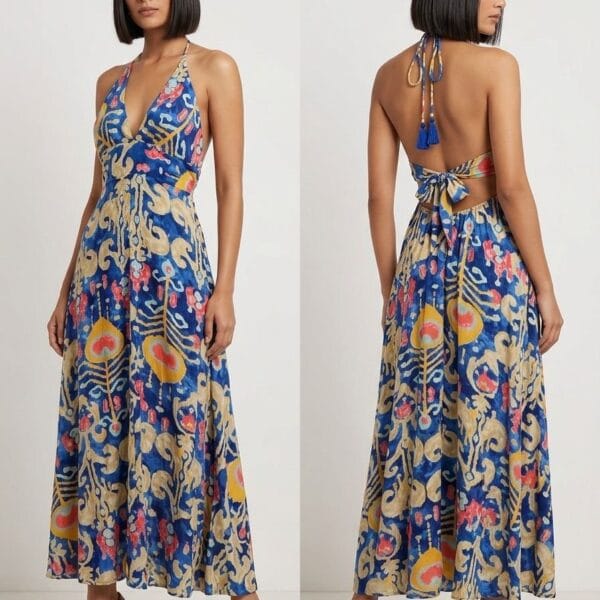 Shanghai Silk Halter Embroidered Maxi Dress