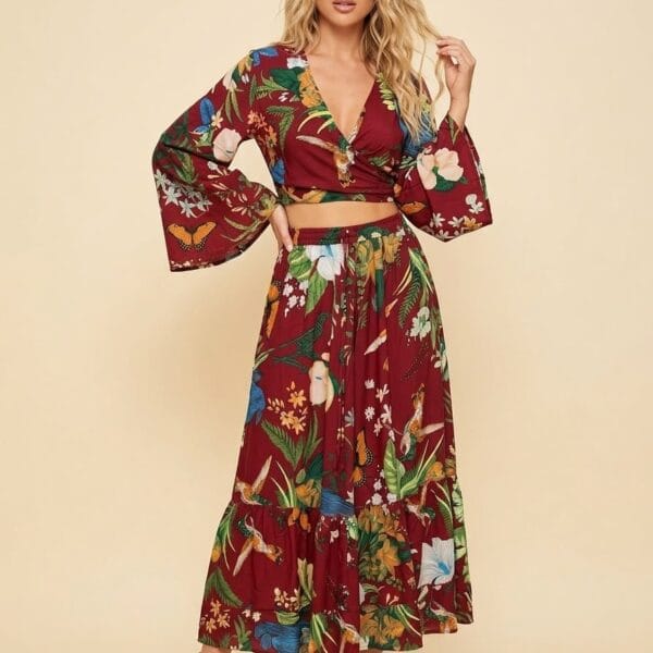 Cannes Rose Tie Front Top & Maxi Skirt Set