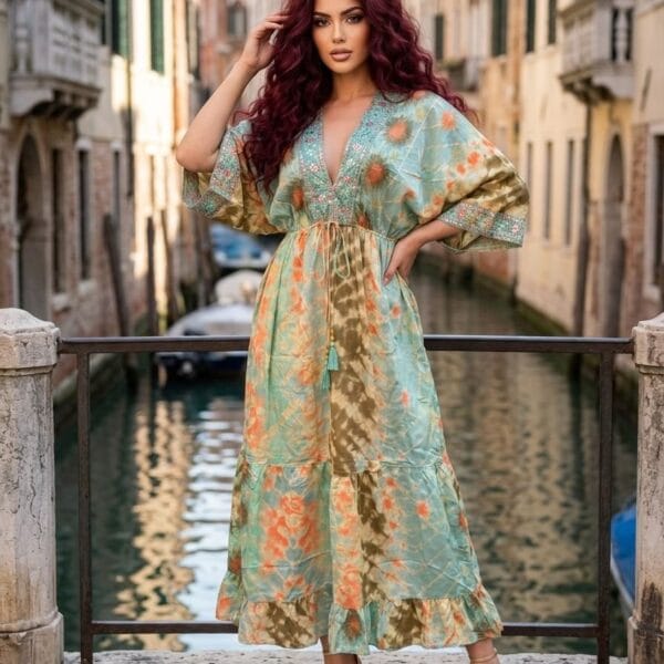 Dubrovnik Coral Embroidered Kaftan Maxi Dress