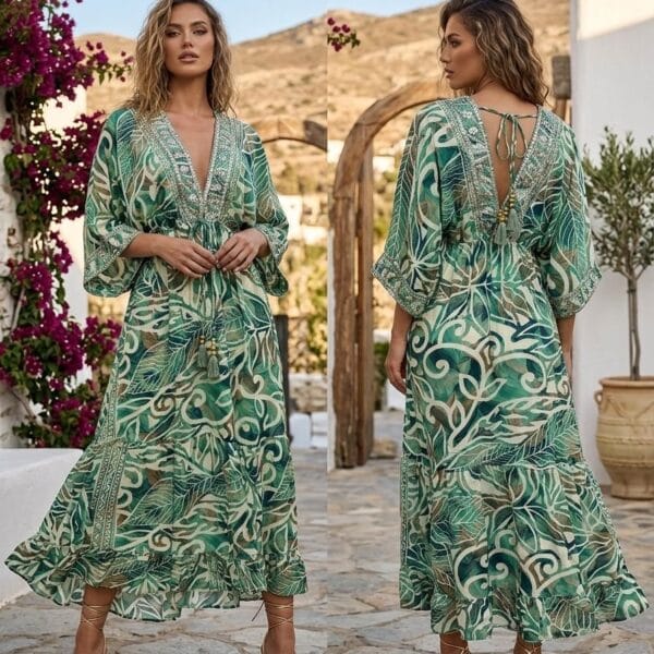Split Breeze Embroidered Kaftan Maxi Dress