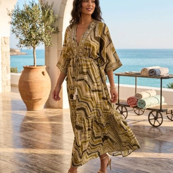 Kotor Silver Embroidered Kaftan Maxi Dress