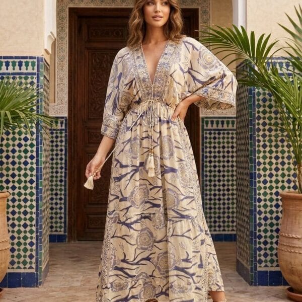 Nafplio Blue Embroidered Kaftan Maxi Dress