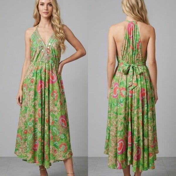 Corfu Olive Halter Backless Midi Dress