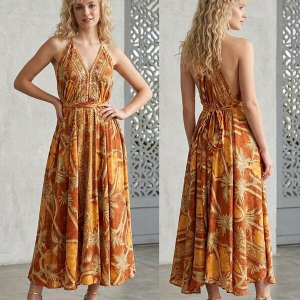 Mallorca Gold Halter Backless Midi Dress
