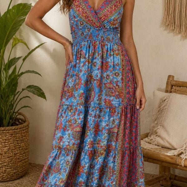 Soleil Gold Halter Tiered Maxi Dress