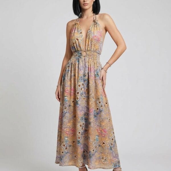 Rêverie Blue Plunge Halter Maxi Dress