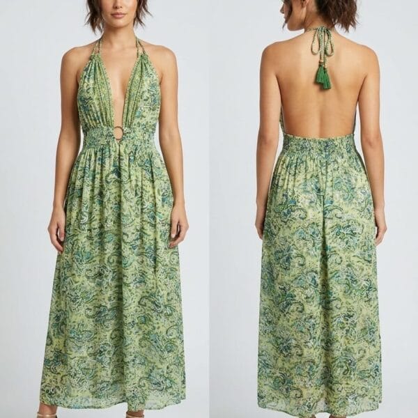Liberté Sage Plunge Halter Maxi Dress