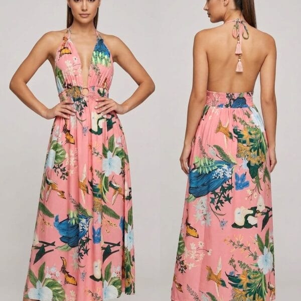Soirée Blush Plunge Halter Maxi Dress