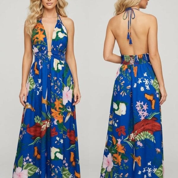 Voyage Teal Plunge Halter Maxi Dress