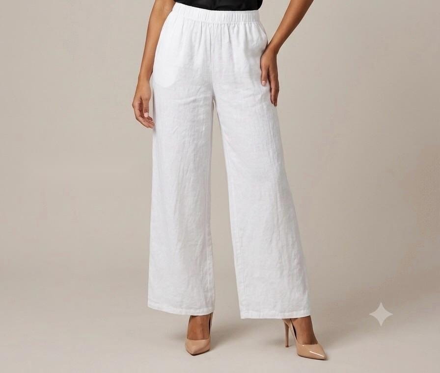 Ivory Linen Wide-Leg Palazzo Pants