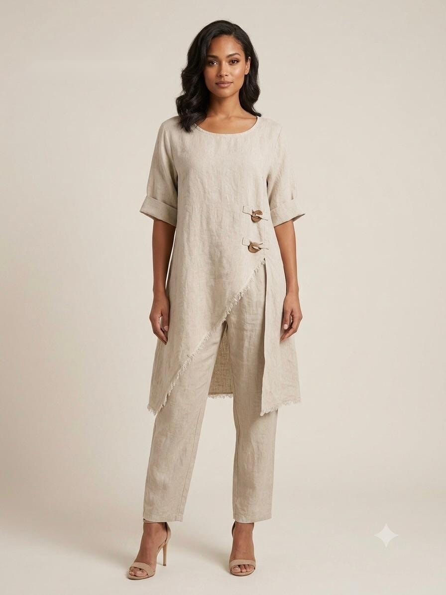 Beige Linen Asymmetrical Tunic Jacket Ensemble