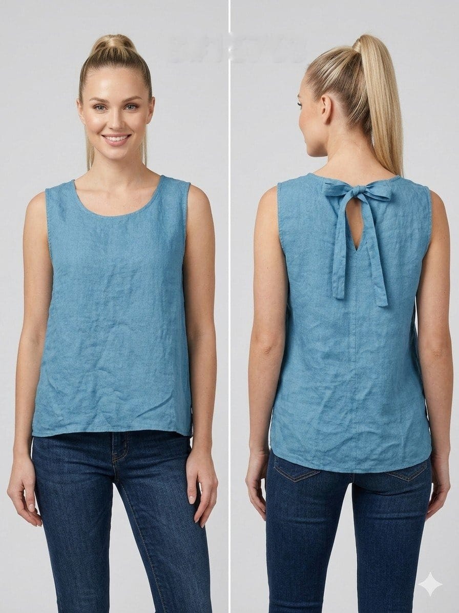 Denim Blue Linen Tank with Tie Back
