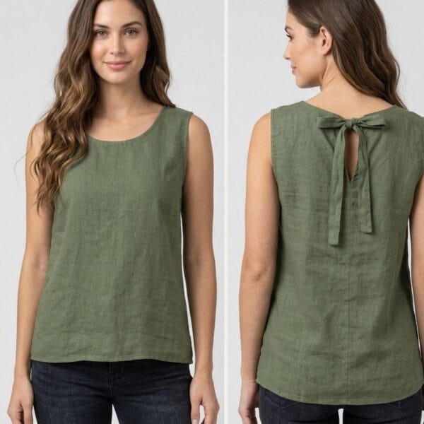 Sage Linen Tank with Tie-Back Detail