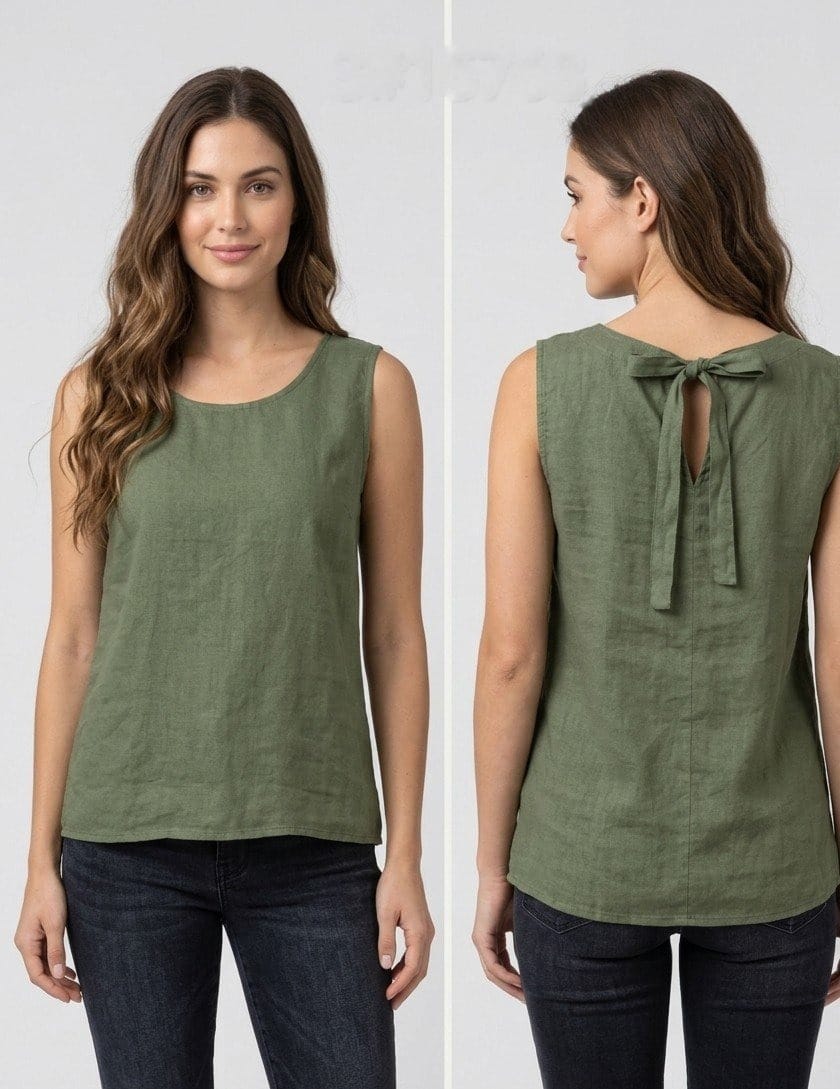 Sage Linen Tank with Tie-Back Detail