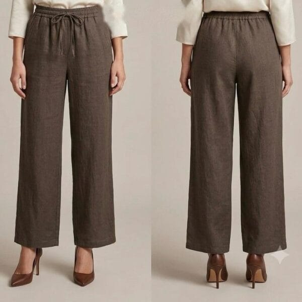 Taupe Linen Drawstring Wide-Leg Trousers
