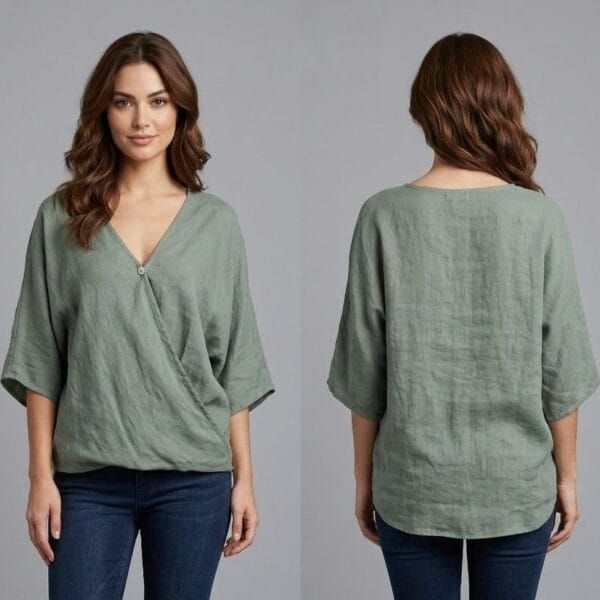 Sage Linen Wrap Blouse