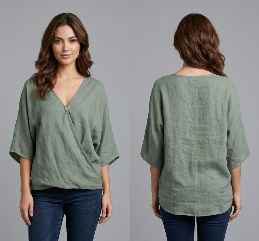Sage Linen Wrap Blouse