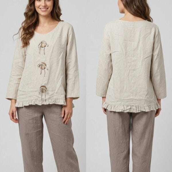 Cream Linen Drawstring Ruffle Top