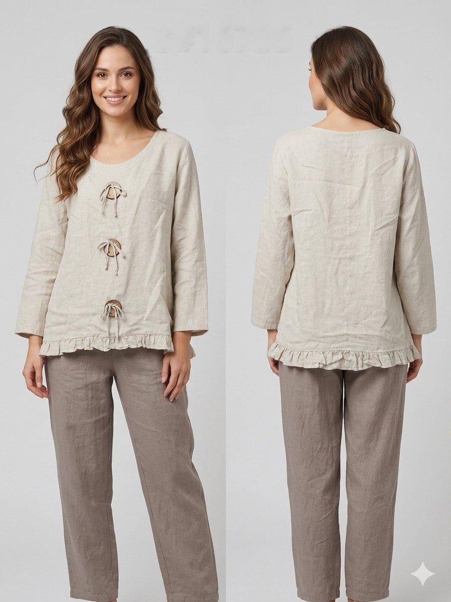 Cream Linen Drawstring Ruffle Top