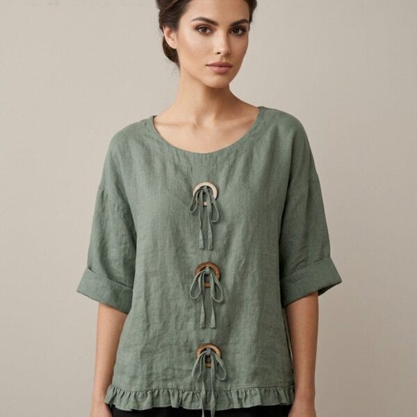 Sage Linen Drawstring Ruffle Top