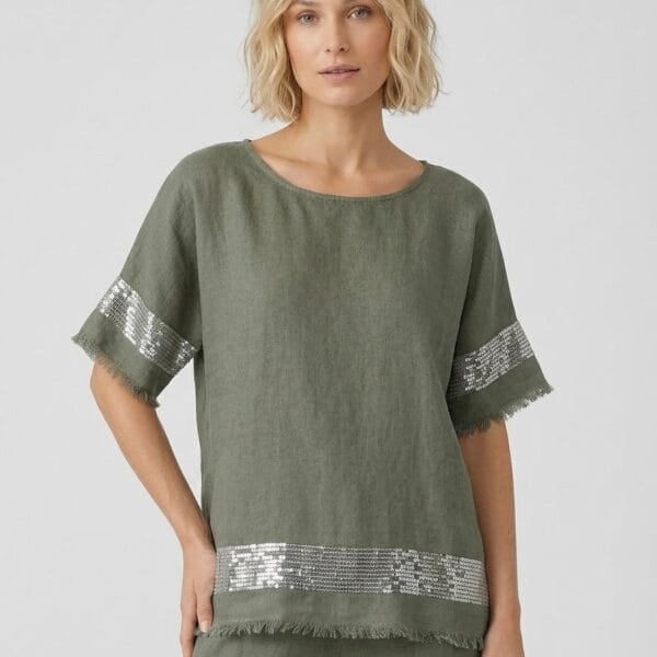 Sage Sequin Linen Summer Blouse