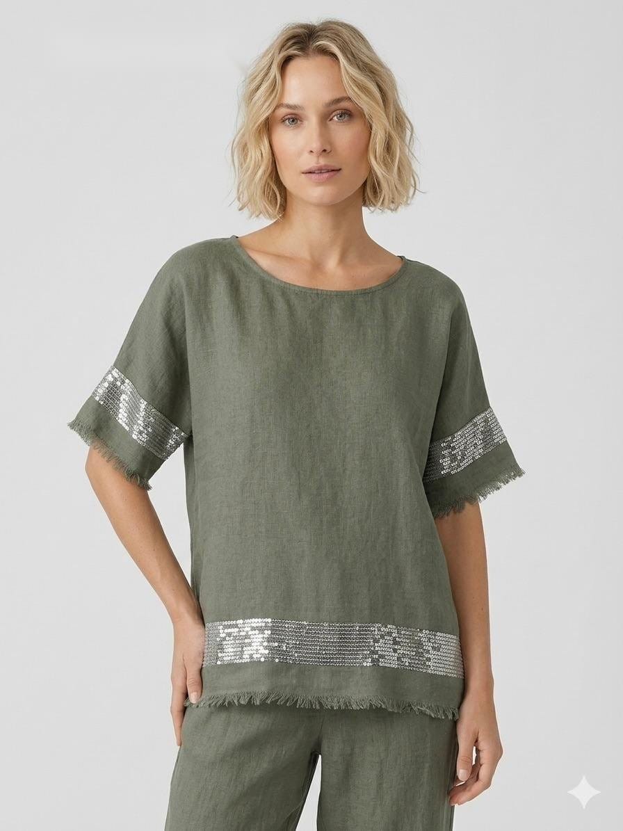 Sage Sequin Linen Summer Blouse
