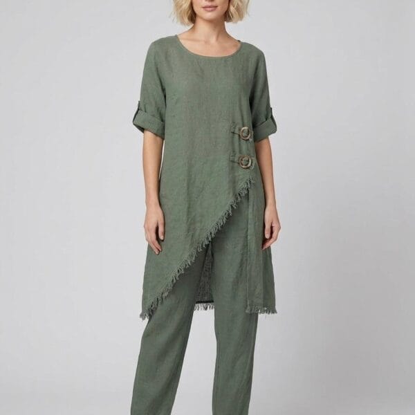 Sage Linen Tunic with Frayed Detail
