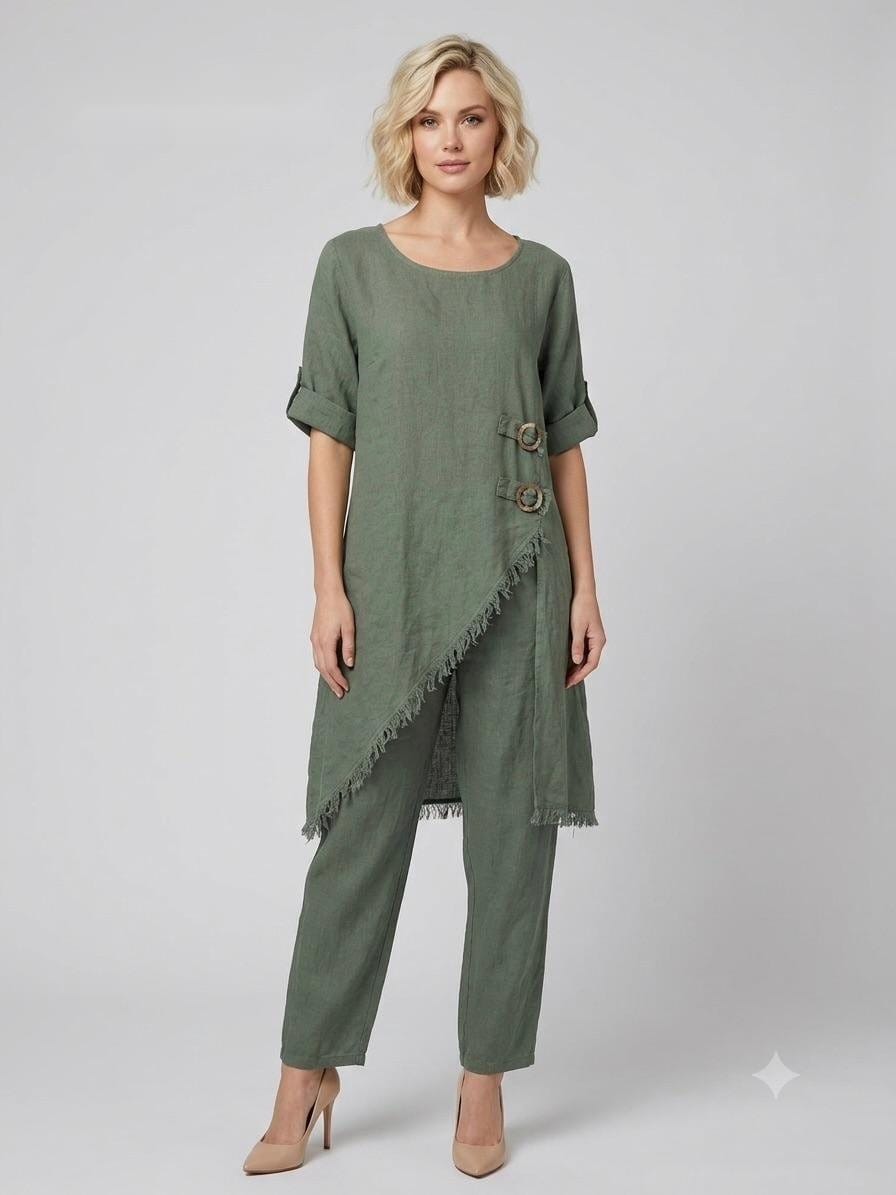 Sage Linen Tunic with Frayed Detail