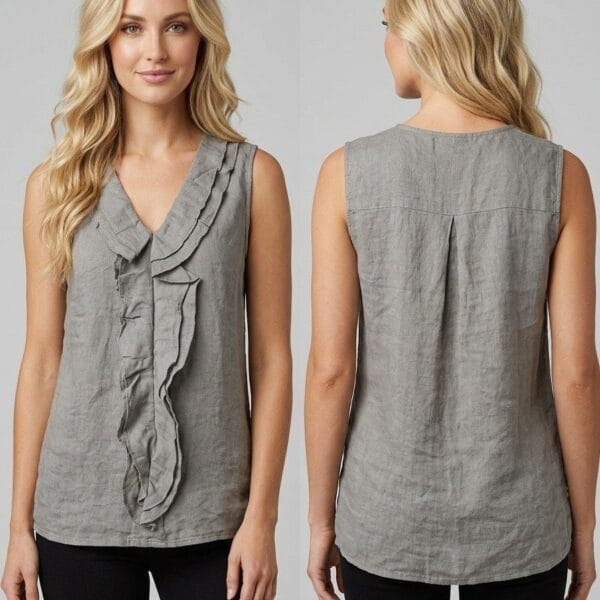 Gray Linen Ruffle Front Tank