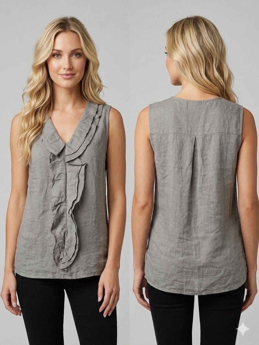 Gray Linen Ruffle Front Tank