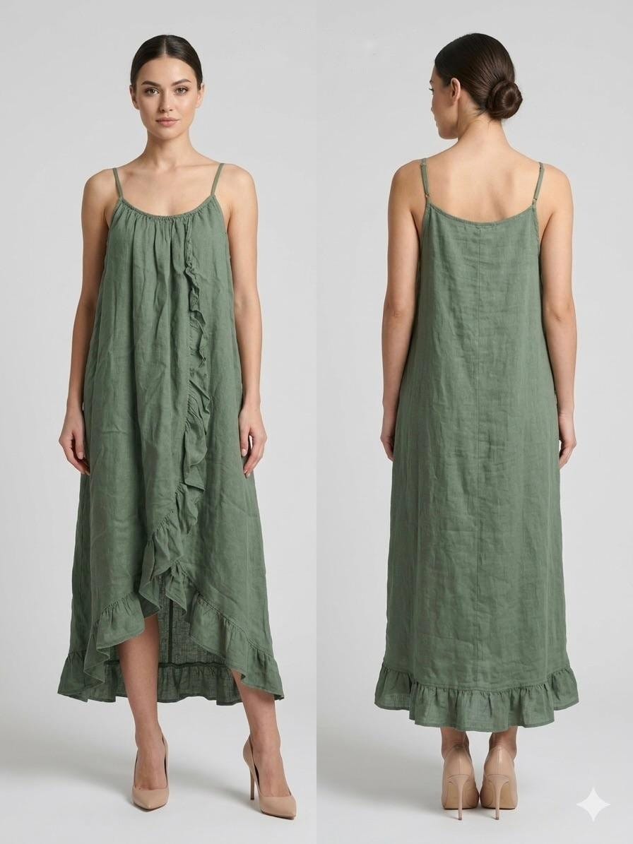 Sage Linen Ruffle Camisole Dress