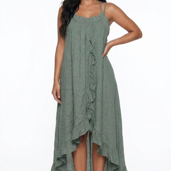 Sage Linen Ruffle Maxi Dress